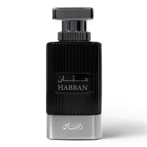 Black and silver HABBAN perfume bottle on a white background