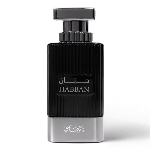 Black and silver HABBAN perfume bottle on a white background