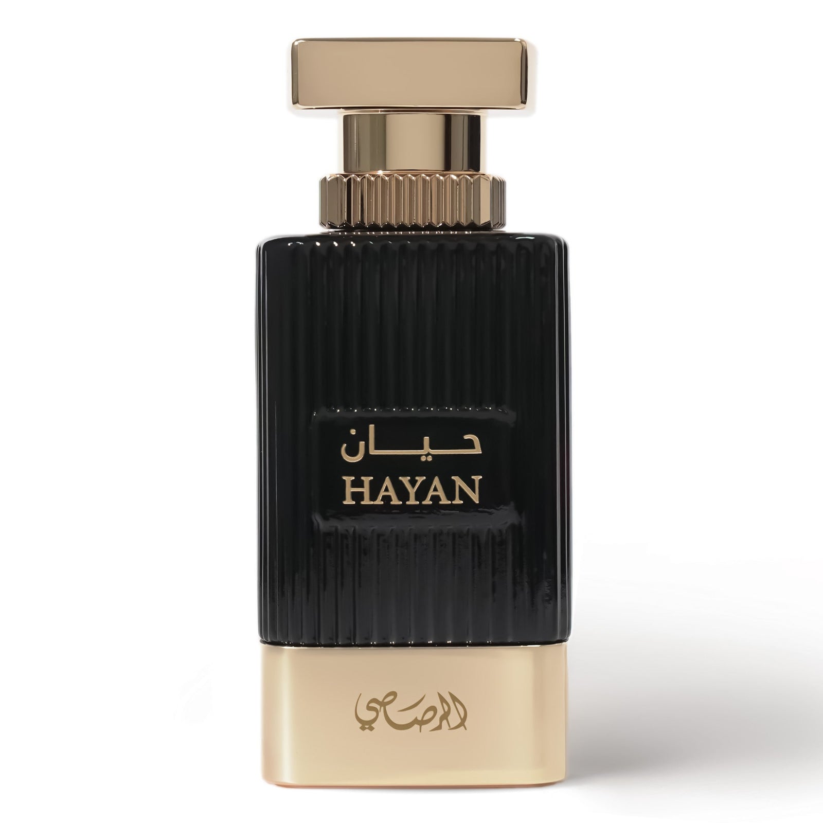 Perfume bottle with black and gold design on a white background