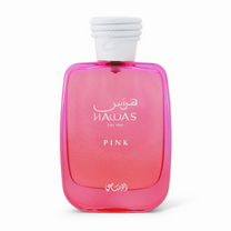 A pink bottle of Ameni Hawas Pink perfume with a white cap and label in Arabic script.