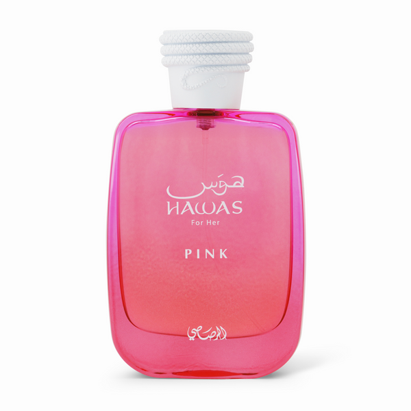 A pink bottle of Ameni Hawas Pink perfume with a white cap and label in Arabic script.