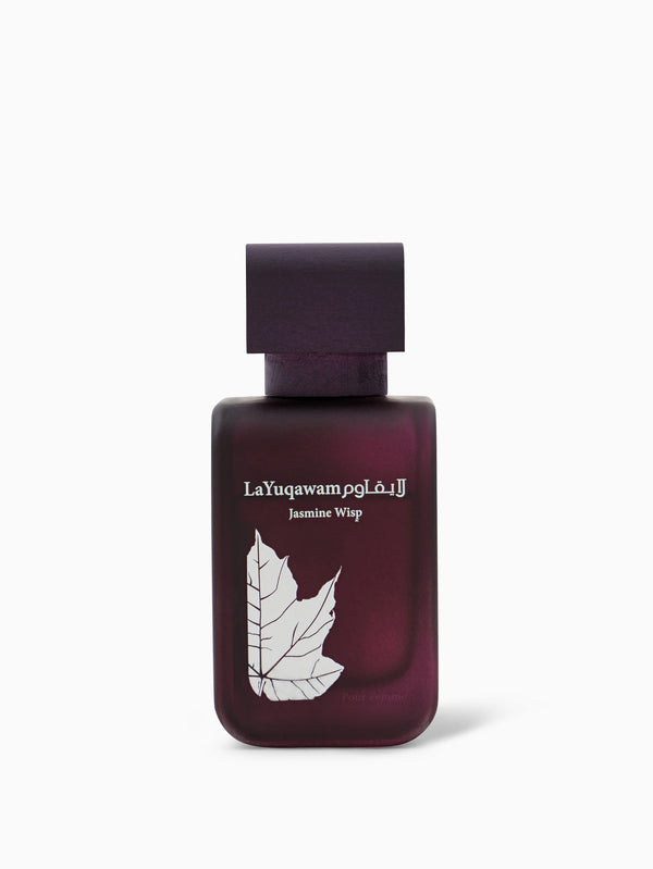 A purple bottle of La Yuqawam Jasmine Wisp perfume with a leaf design and white text.